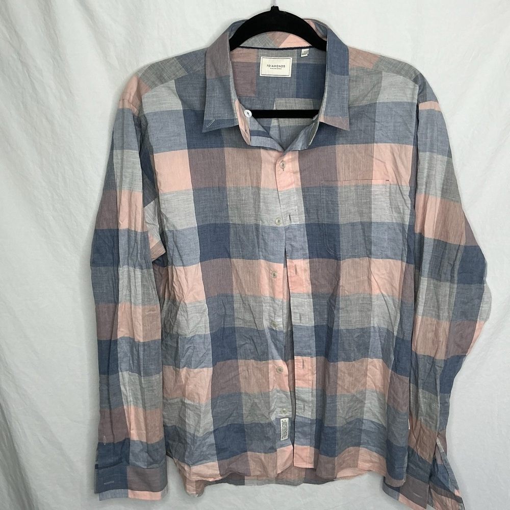 7 Diamonds Mens Sz Large Long Sleeve Button Up Shirt Blue Pink Plaid Preppy EUC